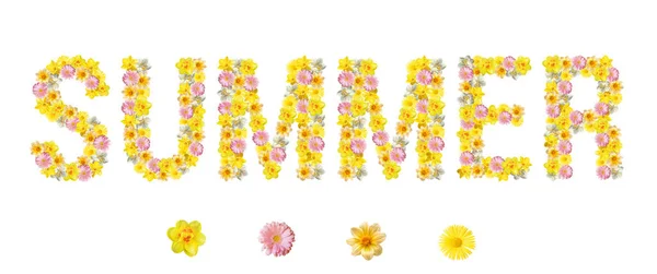 Летнее Знамя Слово Summer Состоит Цветочных Букв Буквах Желтые Розовые — стоковое фото