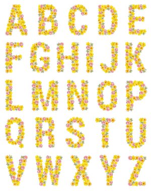 Çiçek alfabesi. İngiliz alfabesinin harfleri nergisler, gerberalar ve papatyalardan oluşur. Sarı, pembe, beyaz, turuncu çiçekler. Yaratıcı bahar, yaz kavramı.