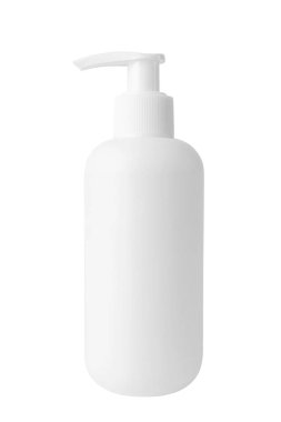 Beyaz arka planda etiketsiz beyaz kozmetik şişesi. Şişe maketi, kopyalama alanı, minimalizm. Güzellik konsepti, kozmetoloji.