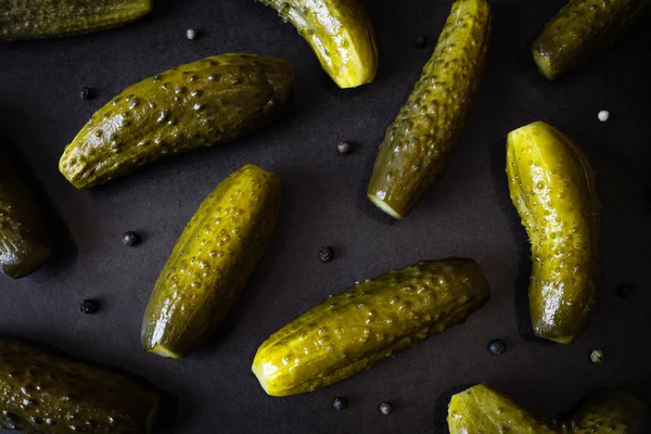 Pickled Cucumbers Peppercorns Lie Dark Background Concept Fermented Food Flat — Stock Photo, Image
