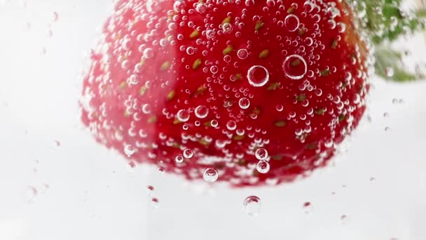 草莓在闪闪发光的矿泉水中的特写 夏日清爽饮品的概念 — 图库视频影像