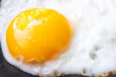 Fried egg  close-up: whole yolk in focus. The concept of fried food, breakfast.