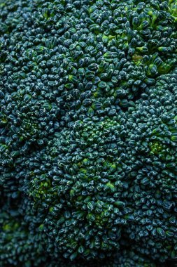 Taze brokoli yakın plan. Arka plan makro yemek fotoğrafı. Sağlıklı gıda ve vejetaryenlik kavramı. 