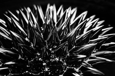 Ferrofluid, manyetik sıvı yakın çekim. Soyut minimalist siyah moda arka planı. Manyetik alanın varlığında akışkan yüksek derecede kutuplaşmış. Etkileyici, şık, yanardöner siyah dikenler..