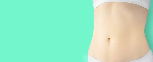 Slender Female Stomach Mint Background Long Horizontal Banner Copy Space — Stock Photo, Image
