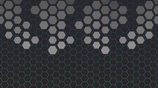 抽象的な幾何学的背景をアニメーション化し 金属灰色の六角形が線形の青い六角形のグリッド上にサイズ変更されます バナー スクリーンセーバー プレビュー用 4Kテキスト用の場所 コピースペース — ストック動画