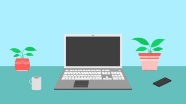 Ev işyeri kavramı, evden uzak çalışma. Çalışma alanının temsili, masanın üzerinde bir defter, bilgisayar, kahve, akıllı telefon, çiçekler. Mavi bir arkaplanda