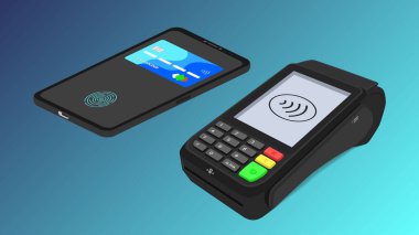 Kredi kartı, telefon ve temassız ödeme de dahil olmak üzere hizmetleri ödemek için bir banka posteri terminali konsepti. Ediniyorum. Mavi arkaplanda vektör izometrik 3d illüstrasyonuName.