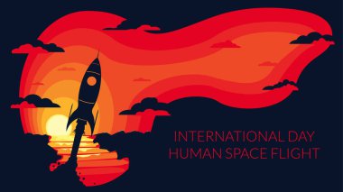 Vektör bayrağı. Kavram: İnsanlı uzay uçuşunun uluslararası günü, havacılık ve astronotların günü. Roket gün doğumunda havalanıyor. Biçim negatif alandır.