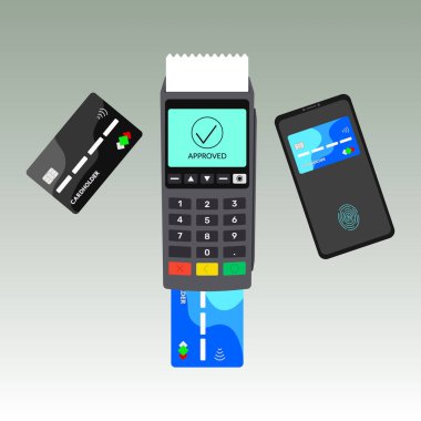Kredi kartı, telefon ve temassız ödeme de dahil olmak üzere hizmetleri ödemek için bir banka posteri terminali konsepti. Ediniyorum. Beyaz arkaplanda vektör illüstrasyonu.