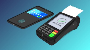 Kredi kartı, telefon ve temassız ödeme de dahil olmak üzere hizmetleri ödemek için bir banka posteri terminali konsepti. Ediniyorum. Mavi arkaplanda vektör izometrik 3d illüstrasyonuName.