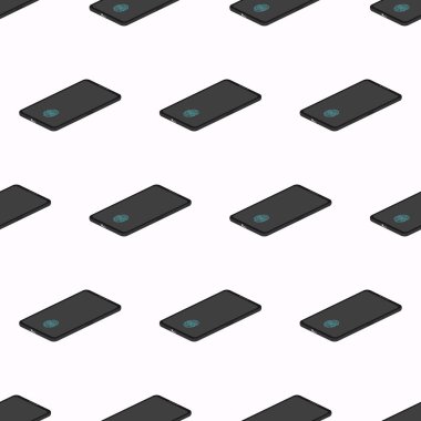 Vektör kusursuz desen. Kavram, teknoloji, modern. Beyaz arkaplanda, ekranda parmak izi sensörü olan siyah akıllı telefonların izli bir çizimi.