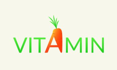 A vitamini konsepti, karoten, sağlıklı sebzeler. Üzerinde yazı olan bir havucun vektör çizimi. Web kaynakları için logo, simge olarak kullanılabilir.