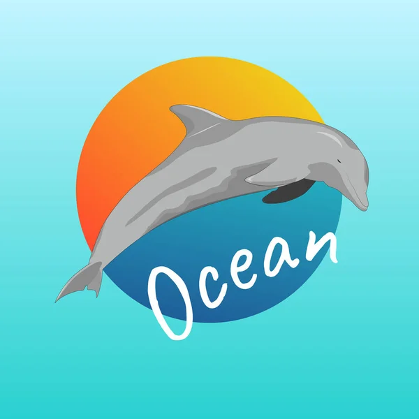 Vektorová Ilustrace Delfín Kulatém Pozadí Koncept Oceánu Zapadajícího Slunce Logo — Stockový vektor