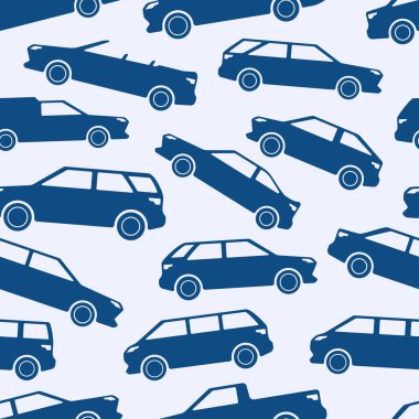 Bir araba temasında vektör kusursuz desen. Farklı tip araba gövdeleri, klasik mavi renkte, beyaz arkaplanda. Renk 2020.
