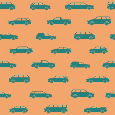 Bir araba temasında vektör kusursuz desen. Farklı tipte bir araba gövdesi, yeşil-mavi, turuncu-kum arka planda..