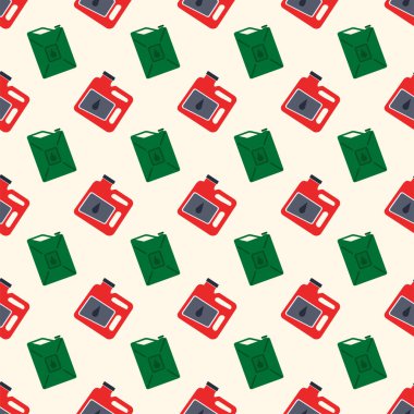 Bir araba temasında vektör kusursuz desen. Yakıt bidonları, alevler içinde yeşil. Etiketinde kırmızı motor yağı olan teneke kutular. Soluk sarı bir arka planda.