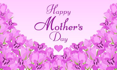  Vektör illüstrasyon, kartpostal, pankart. Anneler Günün kutlu olsun. Pembe gölgeli, çiçekli arka plan: gül, zambak, lale. Mektup. Metin için yer.