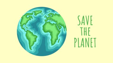  Dünya günü vektör pankartı. Kağıt sanatı tarzında gezegenler, düz. Yazıt gezegeni kurtarıyor. Kavram, ekoloji, gezegen sağlığı.