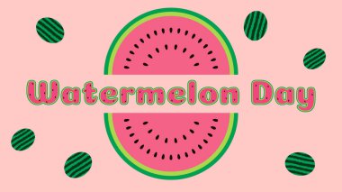 Vektör pankartı, ulusal karpuz günü konsepti. Harfler, pembe arkaplandaki çizimler, tek bir tarzda. Web siteleri, sosyal ağlar, reklamlar için.