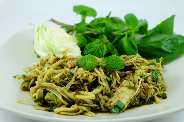 Fűszeres Aprított Bambusz Hajtás Salátával Tálaljuk Zöldségekkel Thai Hagyományos Ételek — Stock Fotó