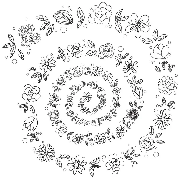 Blumen spiralförmig skizzieren, Ornament monochrom — Stockvektor