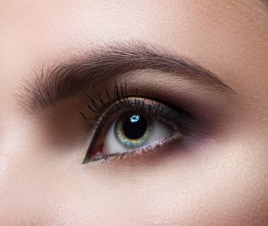 Kadın göz yakın çekim. Makro. Mükemmel makyaj ve kaşları. Güzel gri gözleri