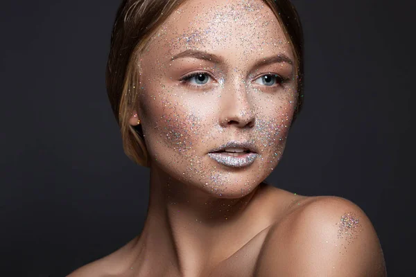 Fashion beauty glamor girl. Face in Glitter Powder. Close-up portrait of a woman — Stock Photo, Image