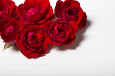 Kırmızı gül. Bir beyaz deoevian masaya güzel çiçek. Boş sp