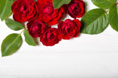 Kırmızı gül. Bir beyaz deoevian masaya güzel çiçek. Metin için boş yer