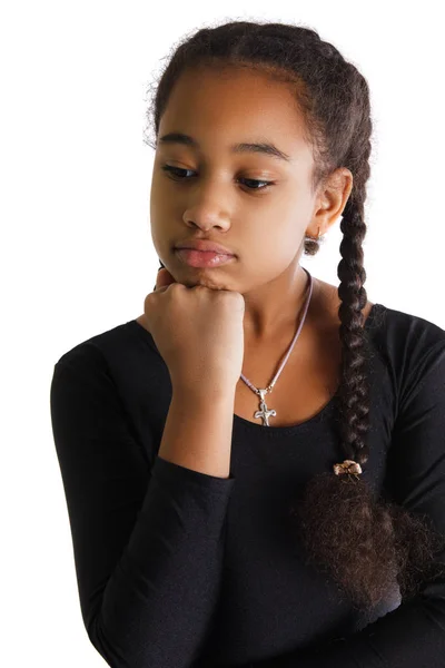 Portrait of sad black girl on white background. — Stock Photo, Image