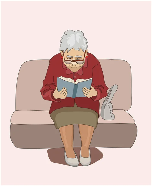 Mujer Mayor Con Gafas Está Leyendo Libro — Vector de stock