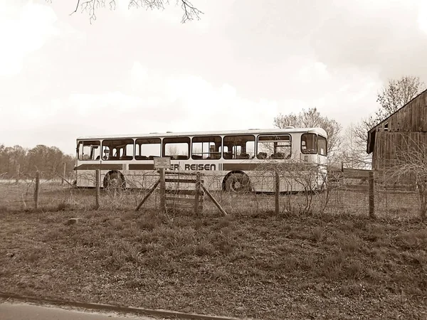 The old bus in black and white