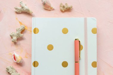 Çalışma alanında not defteri, kalem, deniz kabuğu ve mercanlar
