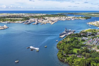 Aerial view of USS Arizona and USS Missouri Memorials at Ford Is clipart