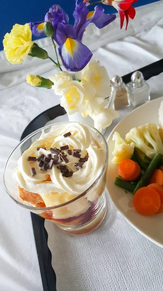 Hospital tray with trifle for patients meal