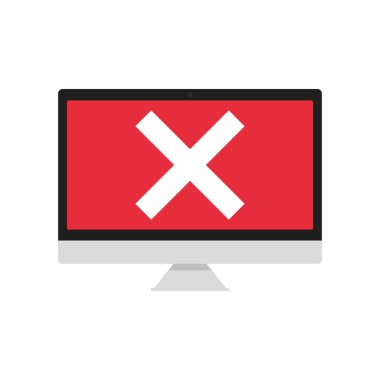 Bilgisayar ekran hatası, vektör simgesi illüstrasyon düz tasarım üzerinde kırmızı onay işareti
