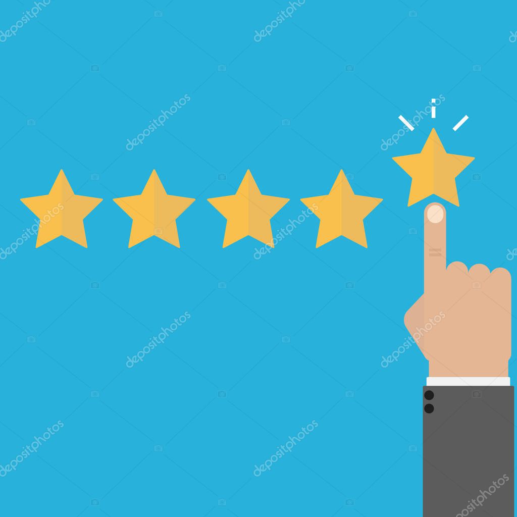 Rating vector illustration. Hand puts star rating click icon flat design