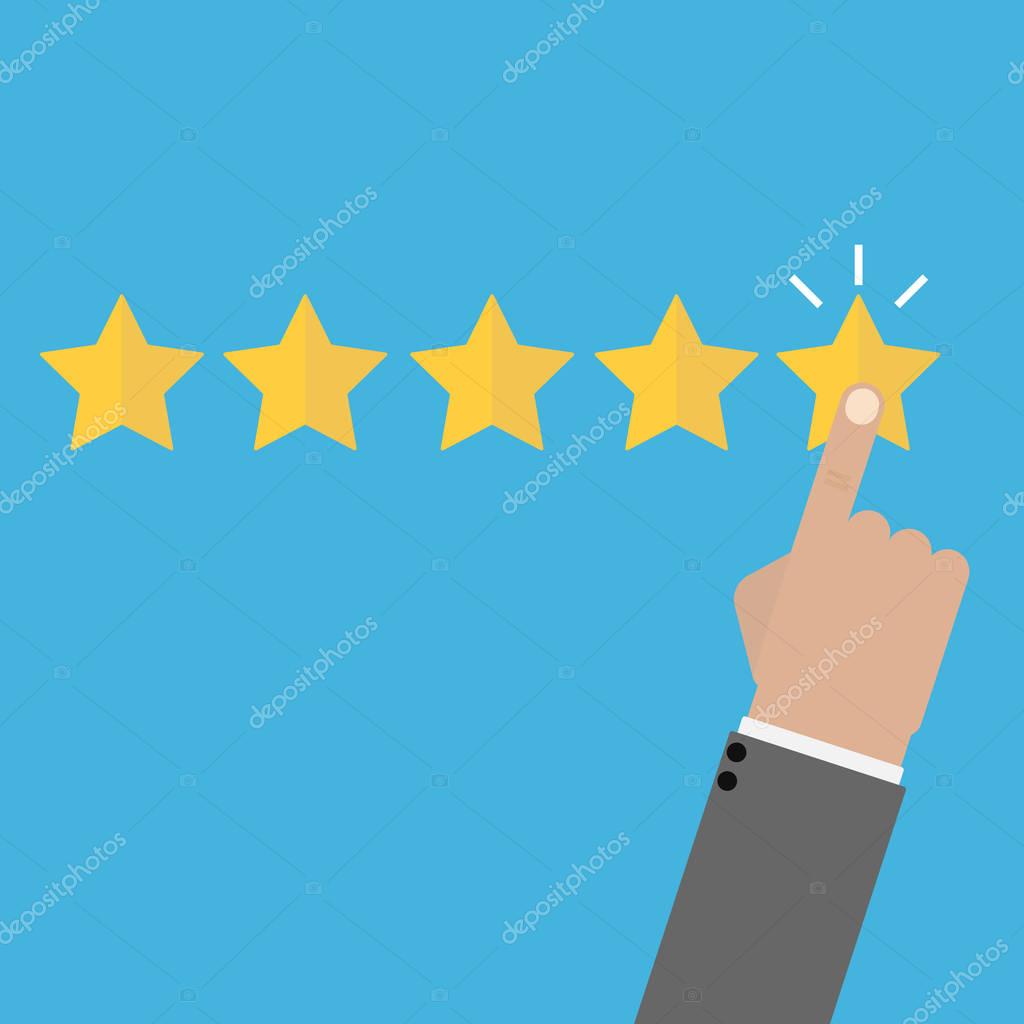 Rating vector illustration. Hand puts star rating click icon flat design