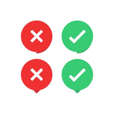 Düz düğmeler: yeşil kontrol işaretleri ve kırmızı haçlar. Düz tasarımda vektör illüstrasyonu