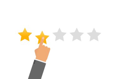 Derecelendirme vektörü çizimi. El, yıldız derecelendirme tıklama simgesini düz tasarıma koyar