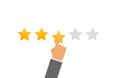 Derecelendirme vektörü çizimi. El, yıldız derecelendirme tıklama simgesini düz tasarıma koyar