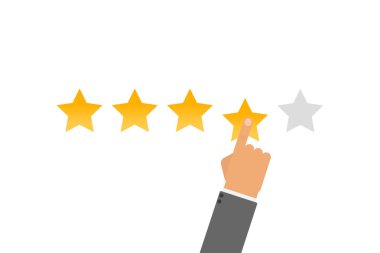 Derecelendirme vektörü çizimi. El, yıldız derecelendirme tıklama simgesini düz tasarıma koyar