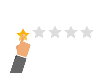 Derecelendirme vektörü çizimi. El, yıldız derecelendirme tıklama simgesini düz tasarıma koyar