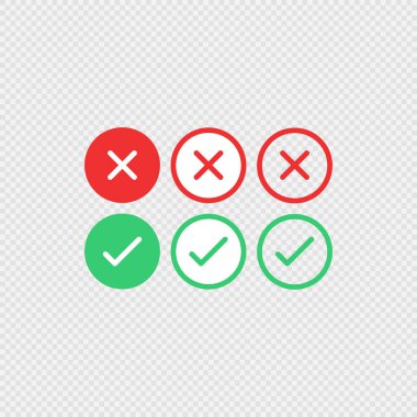 Düz düğmeler: yeşil kontrol işaretleri ve kırmızı haçlar. Düz tasarımda vektör illüstrasyonu