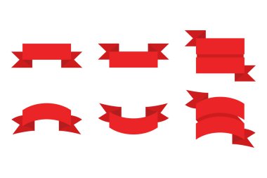 Banner kurdele vektör seti, beyaz arkaplanda kırmızı renkli. Düz tasarımda vektör illüstrasyonu