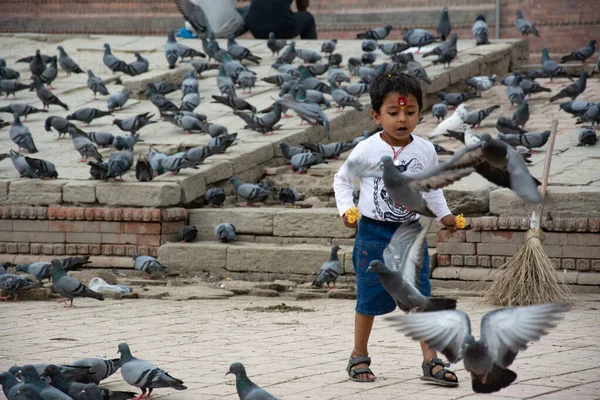 Katmandu, Nepal - 10 Mayıs 2017: Küçük bir çocuk Pashupatinath tapınağındaki bir avluda güvercinlerle oynuyor.