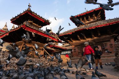 Katmandu, Nepal - 21 Ocak 2016: Rutin yaşam ve Katmandu Durbar Meydanı manzarası.