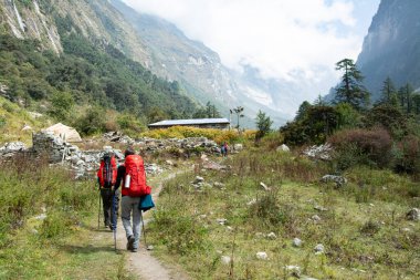 Langtang, Nepal - 16 Ekim 2016: Yürüyüşçüler Nepal 'deki Lang tang vadisine doğru giderken Ghoda Tabela' ya ulaştılar.