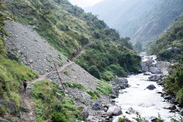 Langtang Nepal Oktober 2016 Vrouwelijke Wandelaar Langs Rivier Het Langtang — Stockfoto